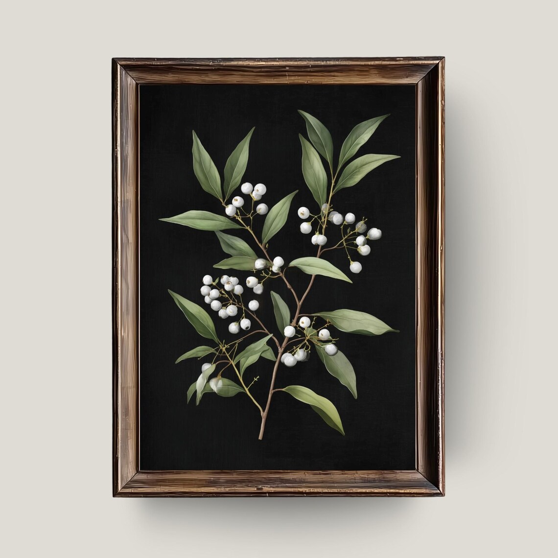 White Berries Botanical Print Dark Floral Minimalism