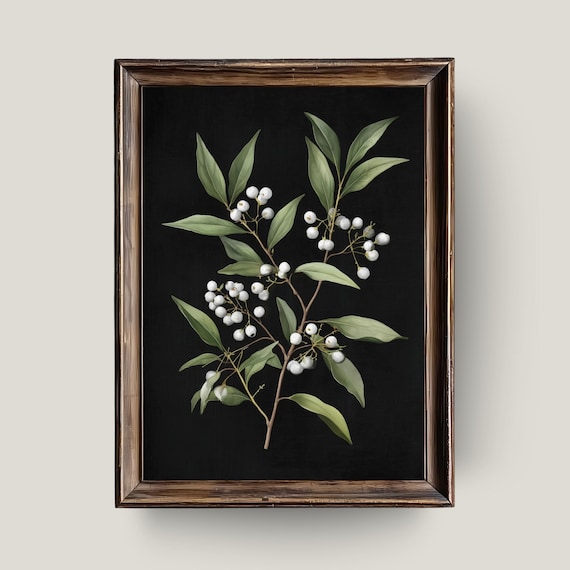 White Berries Botanical Print Dark Floral Minimalism
