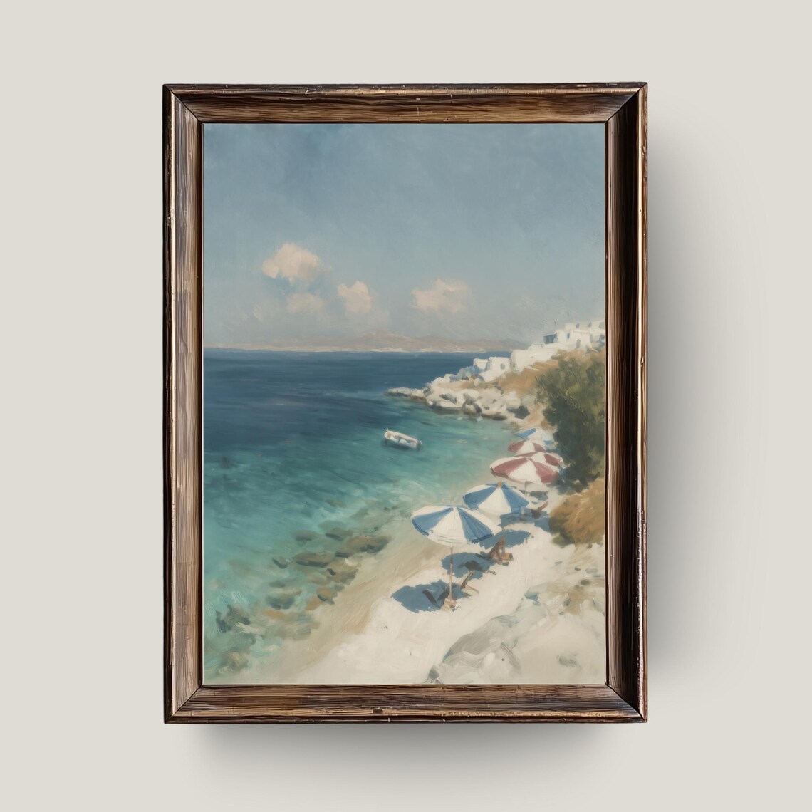 Greek Island Beach Mediterranean Coast Umbrellas Oil Painting Print