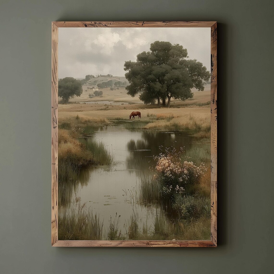 Tranquil Horse By The Pond Art Print, Rustic Countryside