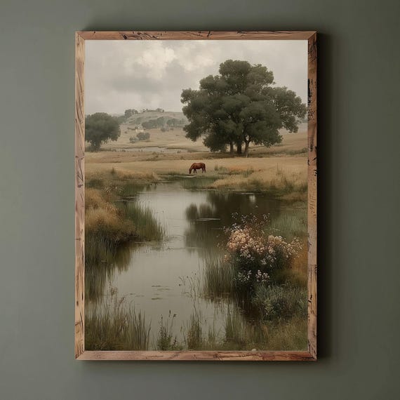 Tranquil Horse By The Pond Art Print, Rustic Countryside