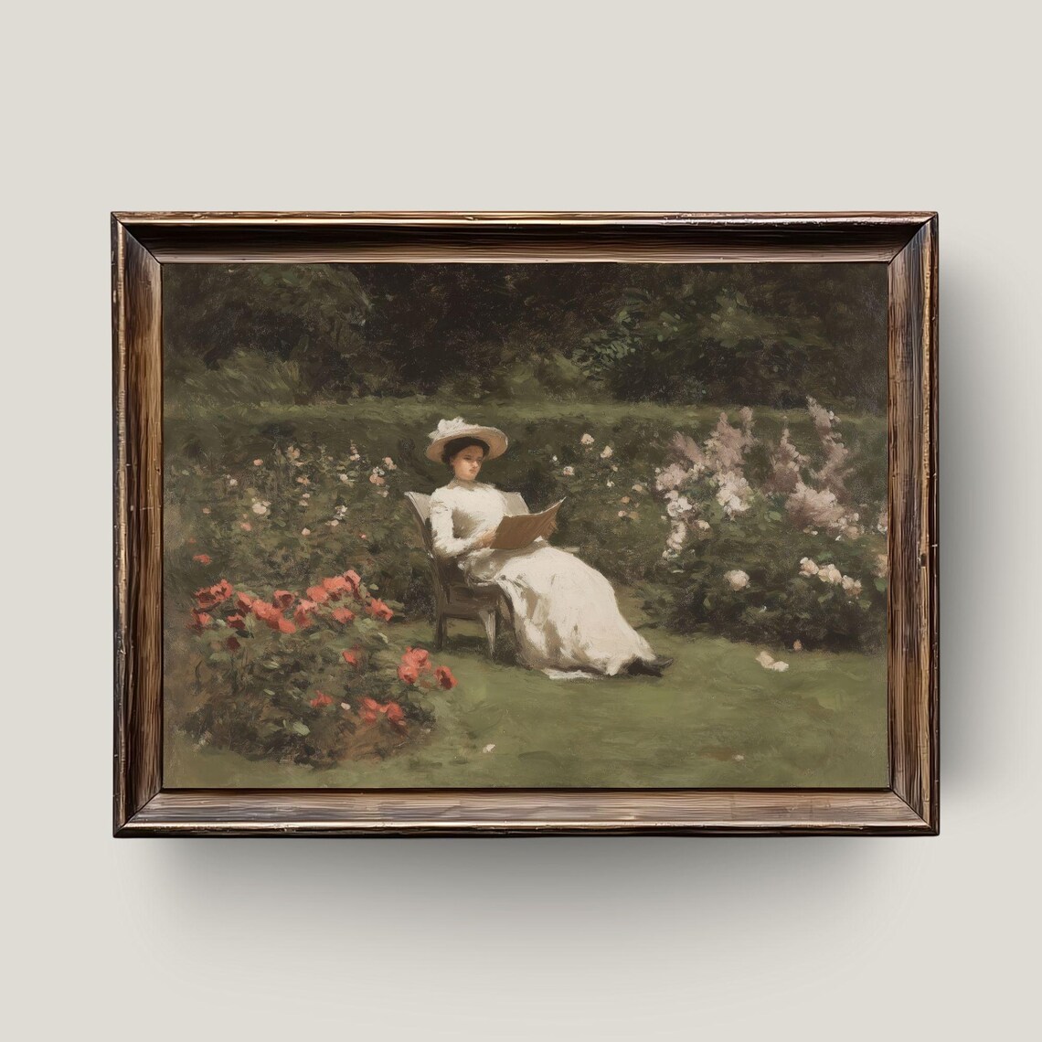 Romantic Lady Reading in Rose Garden Vintage Oil Painting Print