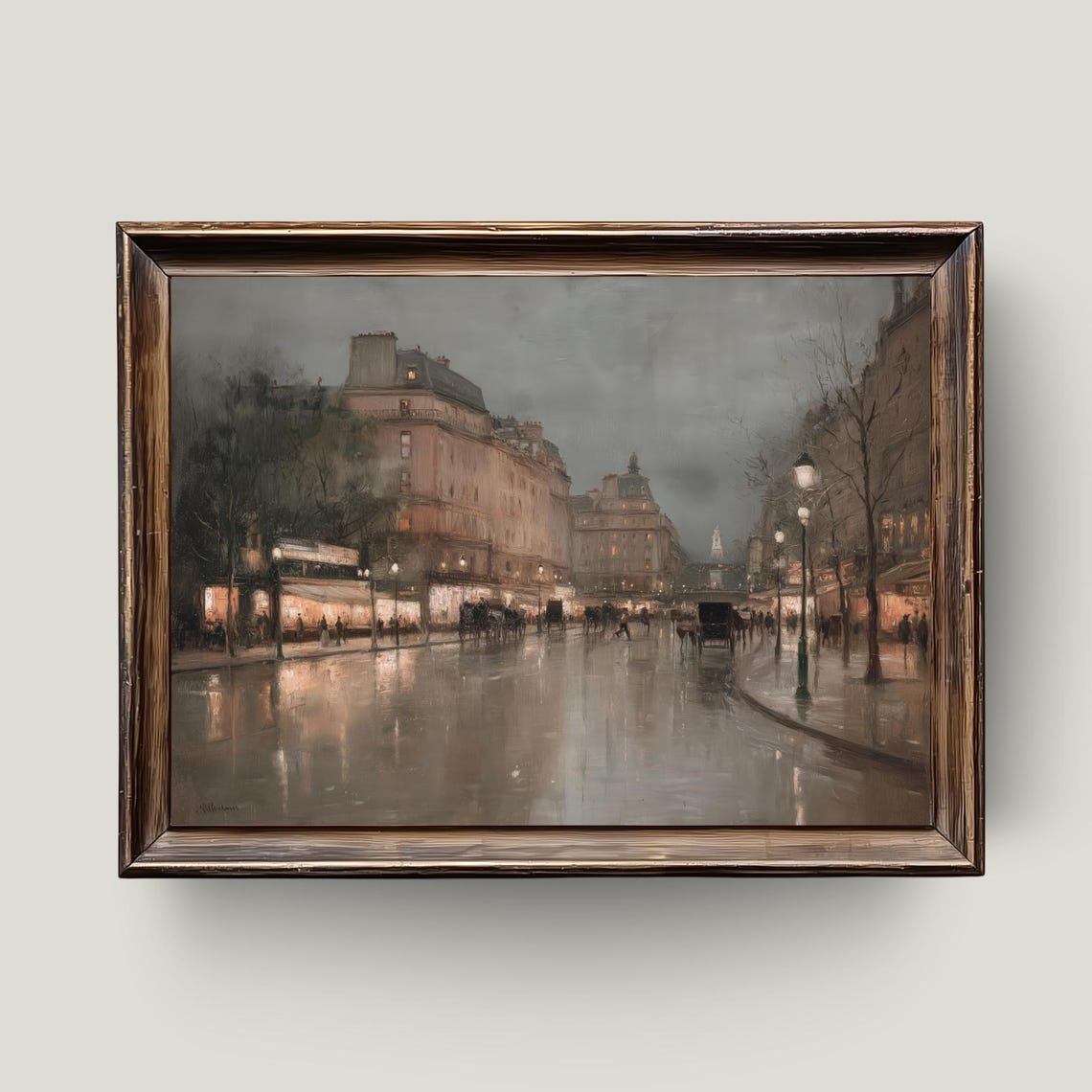 Rainy Paris Night Street Vintage French Boulevard Wet Pavement Poster