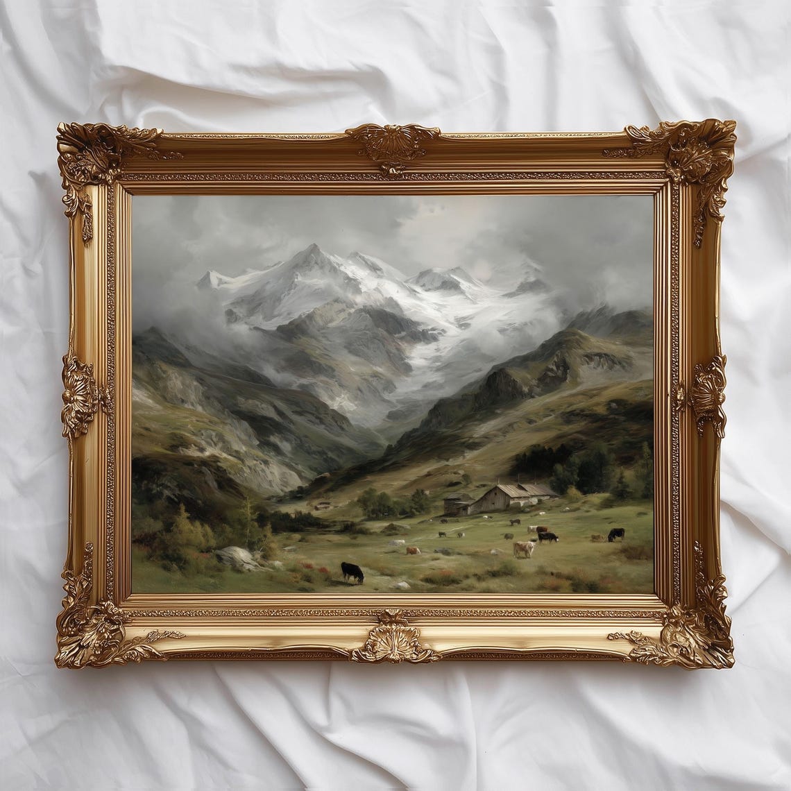 Mountain Landscape Print Cozy Rustic Cabin Neutral Tones