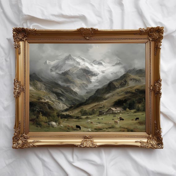 Mountain Landscape Print Cozy Rustic Cabin Neutral Tones