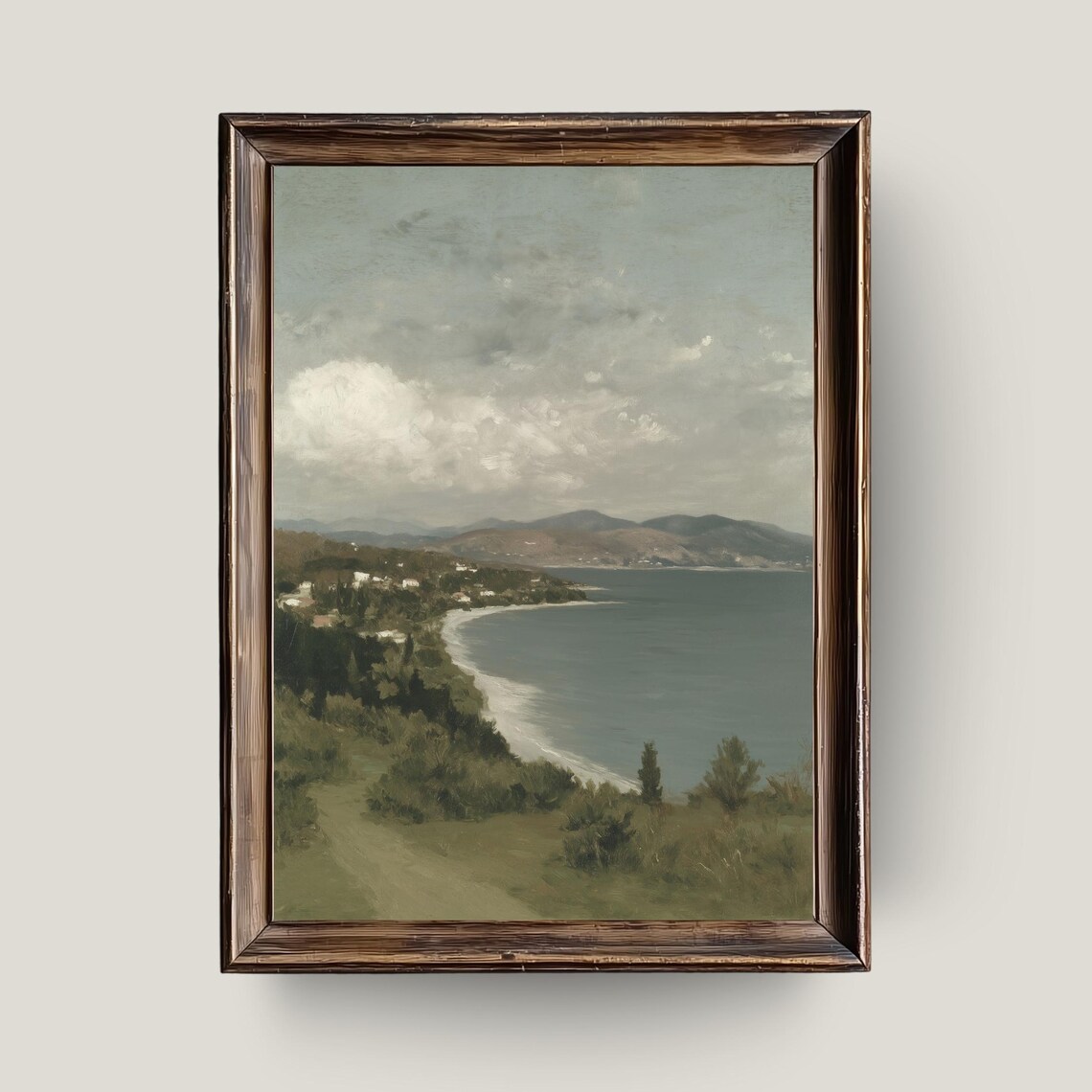 Mediterranean Bay View Soft Blue Green Coastal Oil Painting Wall Art
