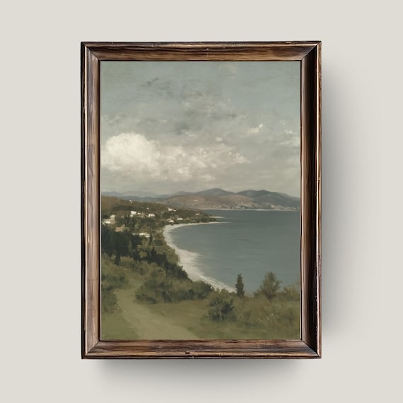 Mediterranean Bay View Soft Blue Green Coastal Oil Painting Wall Art