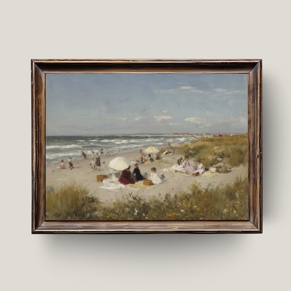 Vintage Beach Picnic Families Parasols Seaside Day Oil Painting Poster