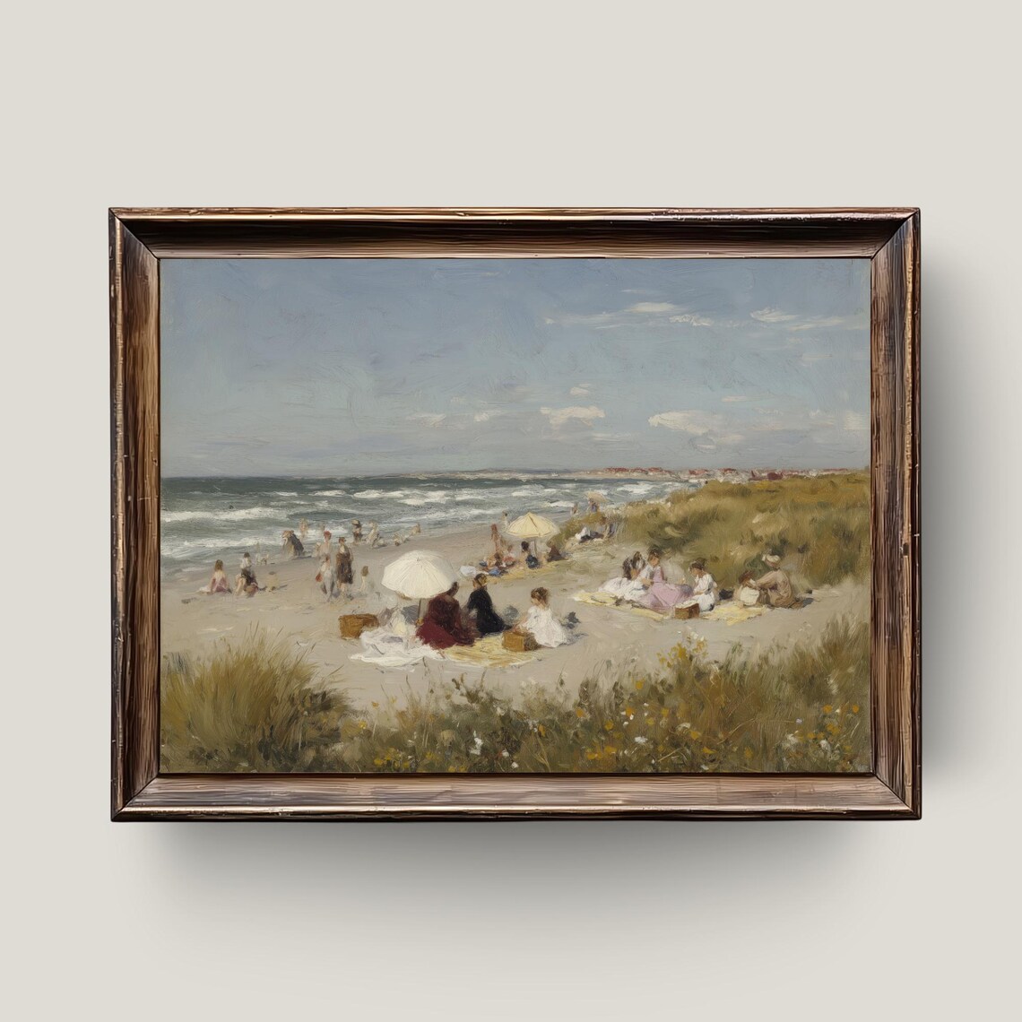 Vintage Beach Picnic Families Parasols Seaside Day Oil Painting Poster