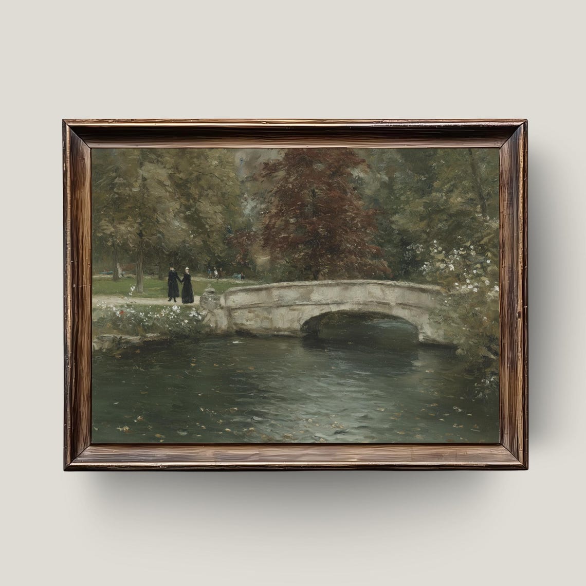 Stone Bridge River Park Vintage European Landscape Art Print
