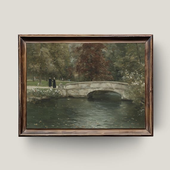 Vintage Stone Bridge Painting European Landscape Art