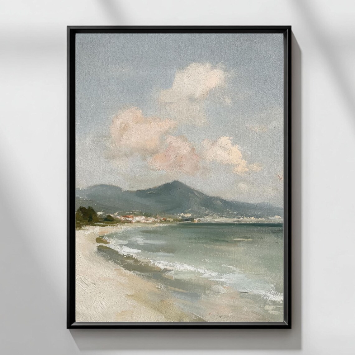 Soft Neutral Beach Seascape Oil Painting Calm Coastal Mountain Wall Art