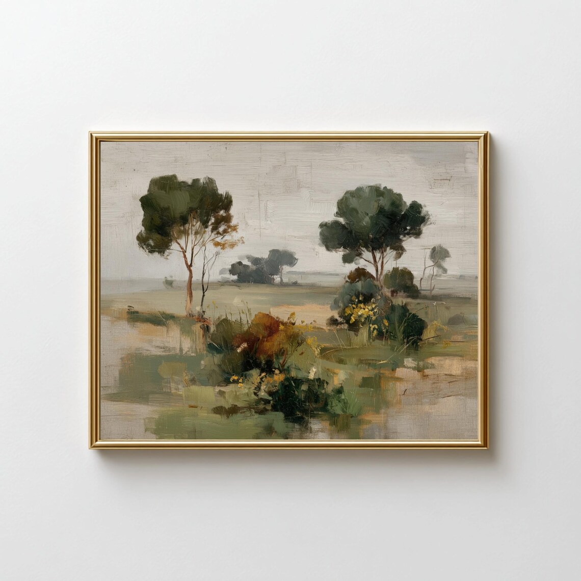 Soft Neutral Trees Meadow Vintage Oil Painting Landscape Print