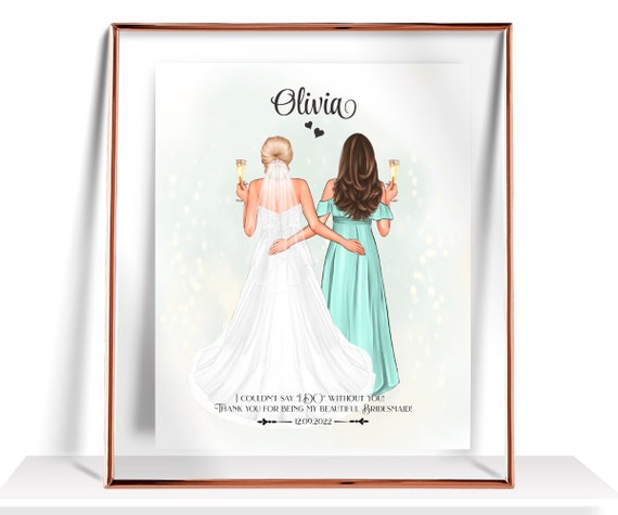 Personalized Bride And Bridesmaid Gifts Custom Wedding Illustration Bridesmaid Thank You Gift Maid Of Honor Gift Bride And Bridesmaid Print