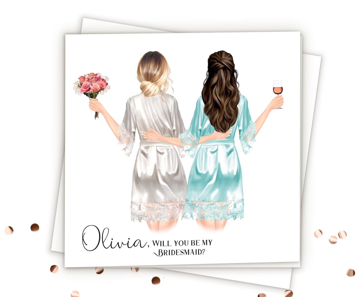 Olivia Will You Be My Bridesmaid Floral Satin Robe Bouquet Card Print