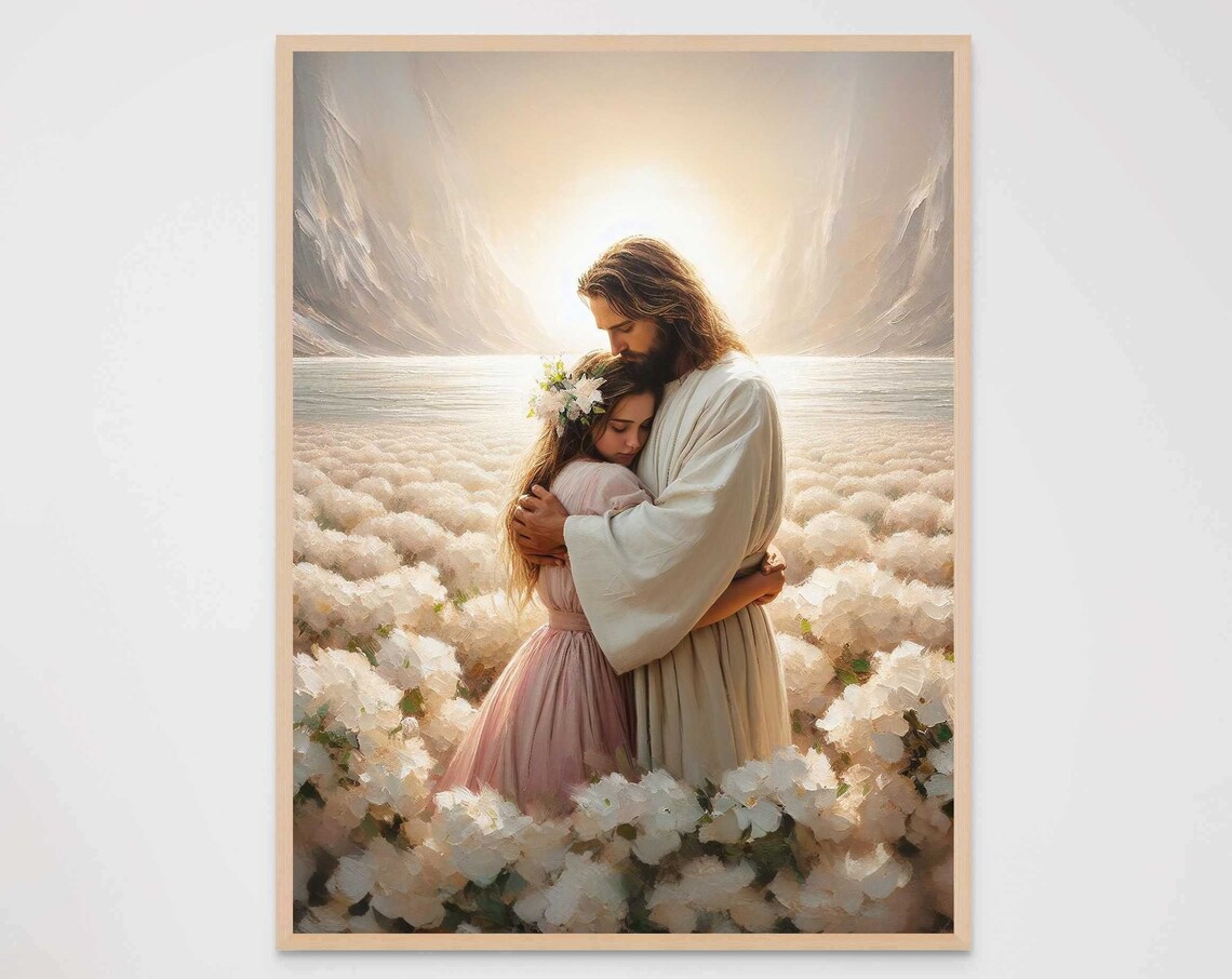 Jesus Hugging Girl Flower Crown White Flower Field Lake Christian Poster - Image 7