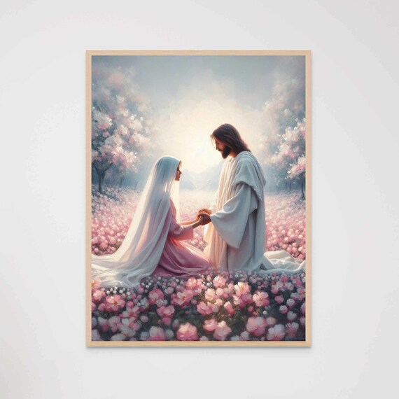 Jesus Holding Hands Veiled Woman Pink Flower Field Tender Christian Print