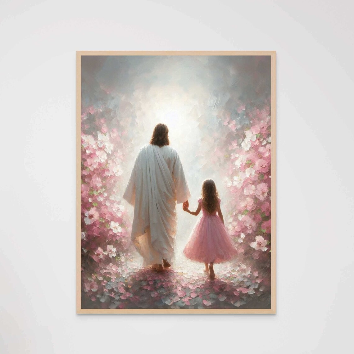 Jesus And Little Girl Walking Hand In Hand Into Heavenly Light Pink Blossom Poster - Image 7