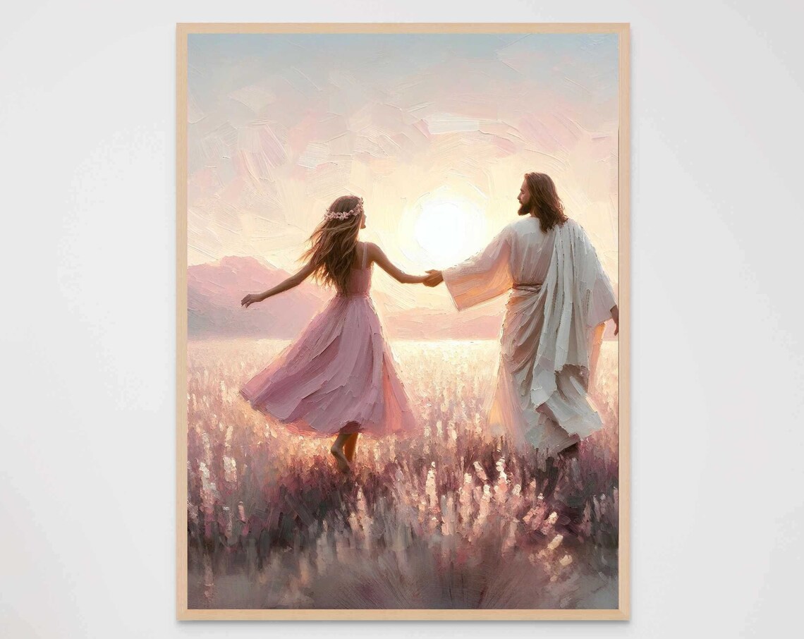 Jesus Holding Hands With Girl Lavender Field Sunset Walk Christian Print - Image 7