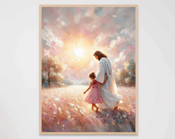 Jesus Christ Walking with Girl Through Golden Wheat Field Poster