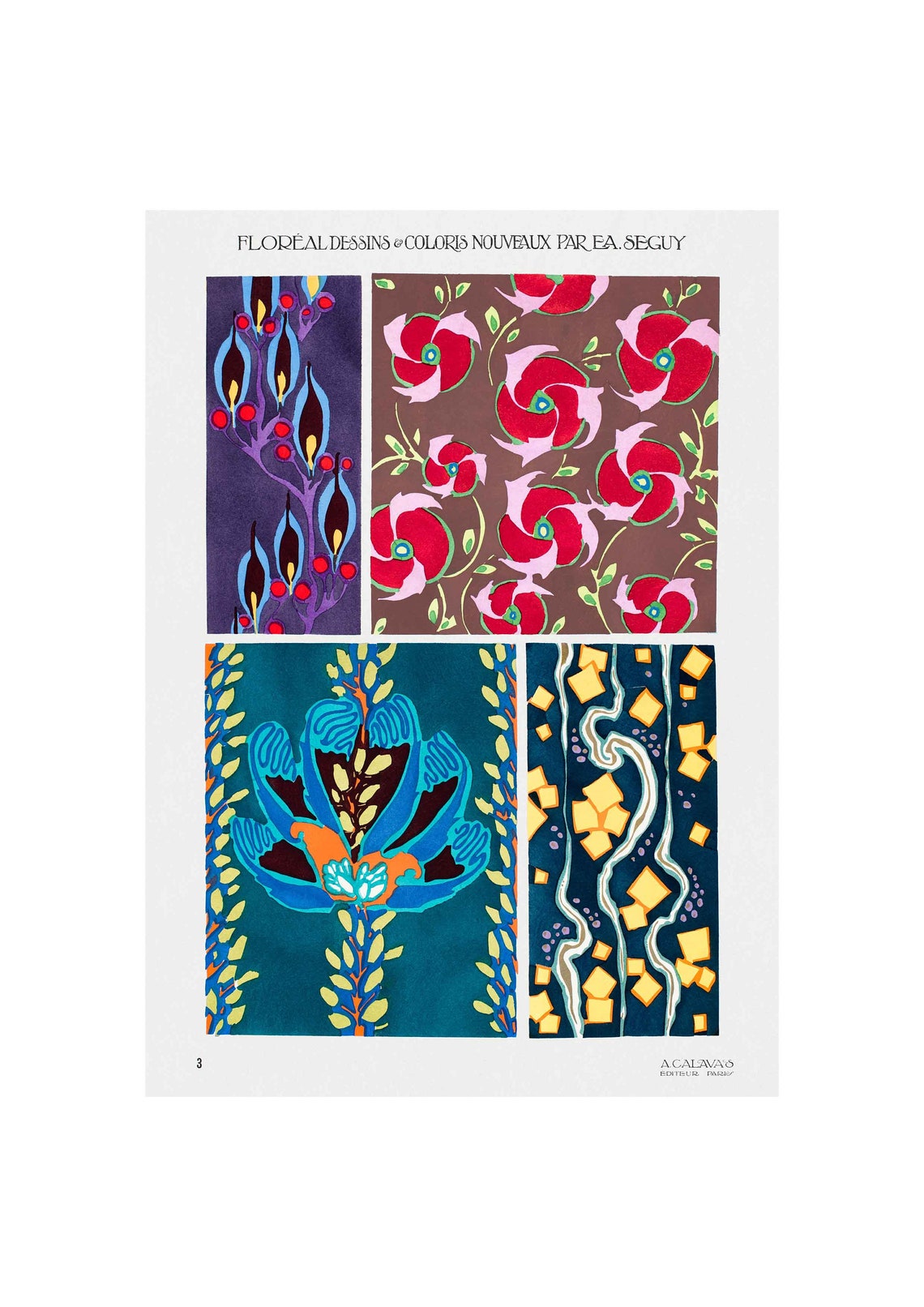 E A Seguy Floreal Plate 3 Red Poppies Blue Iris Pattern Poster