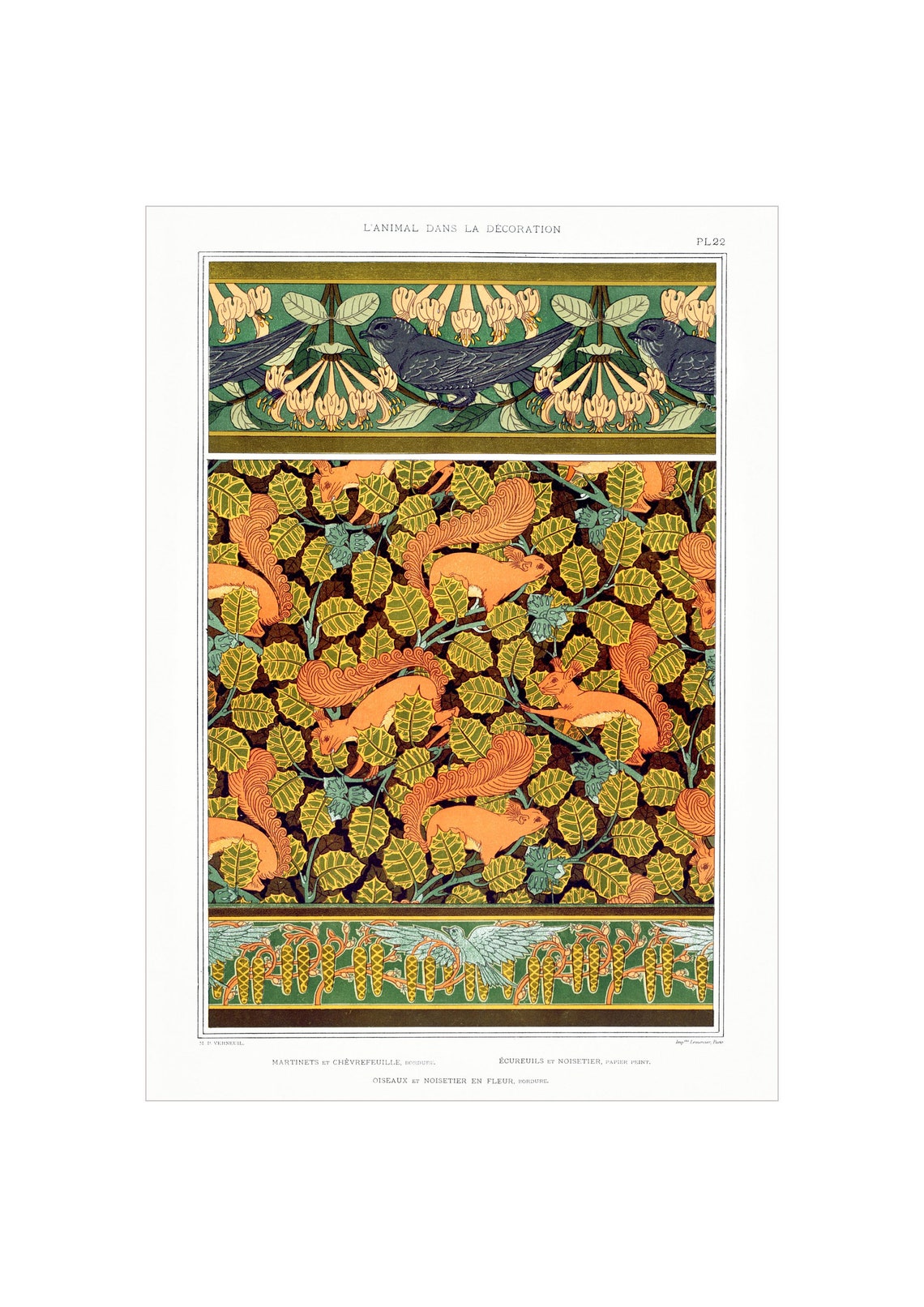 Maurice Verneuil Squirrel Swift Honeysuckle Pattern Art Nouveau Poster
