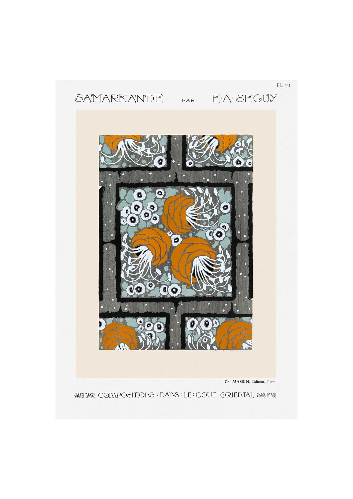 E A Seguy Samarkande Plate 1 Gray Grid Orange Blossom Pattern Poster