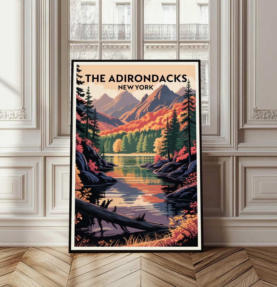 The Adirondacks New York Vintage Travel Poster Autumn Lake View