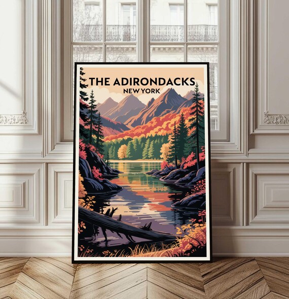 The Adirondacks New York Vintage Travel Poster Autumn Lake View