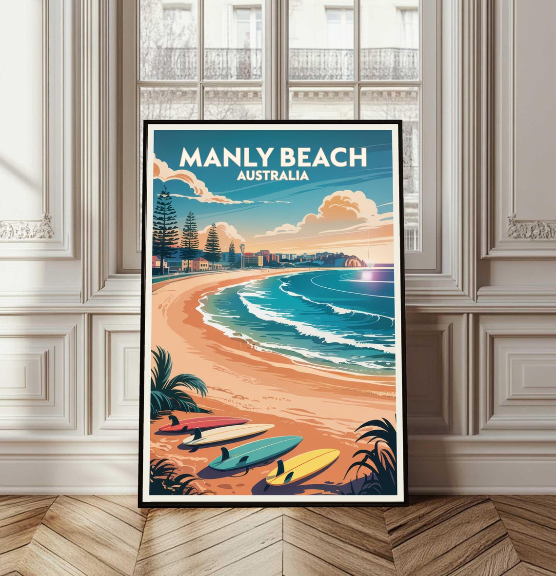 Manly Beach Australia Vintage Travel Poster Surfboards Sunset View