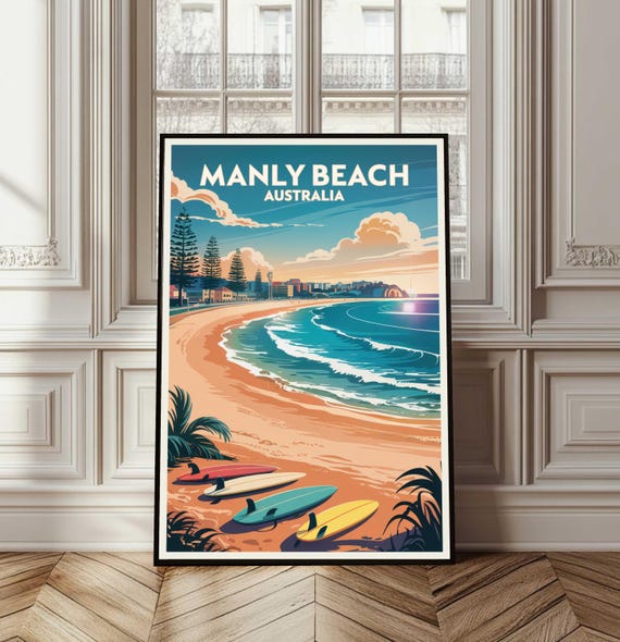 Manly Beach Poster Travel Australia Print Wall Art City Gift Coastal
