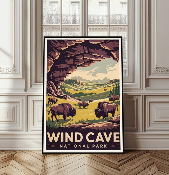 Wind Cave National Park Bison Herd Grassland South Dakota Travel Poster