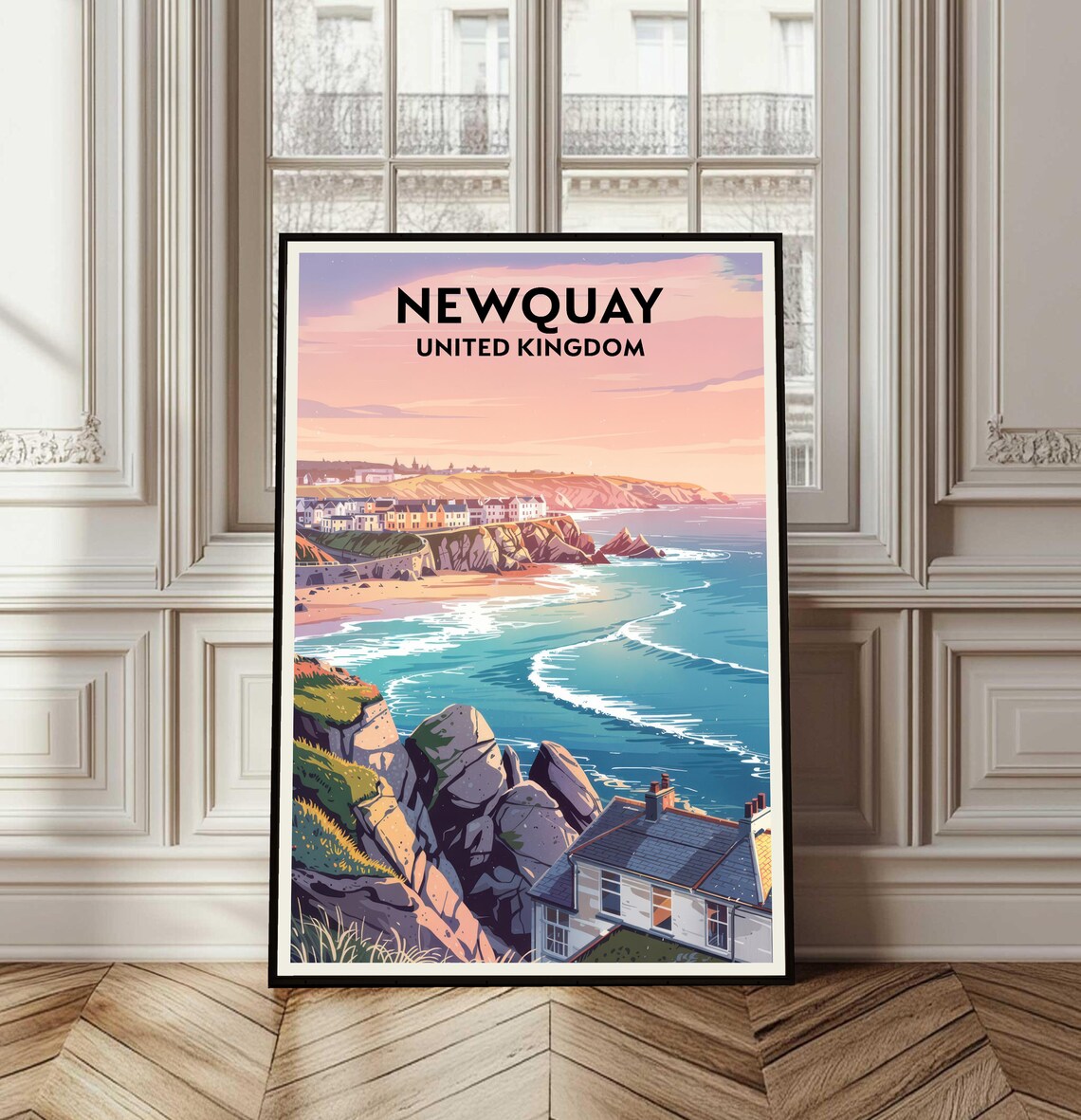 Newquay United Kingdom Vintage Travel Poster Coastal Cliffs Beach Art