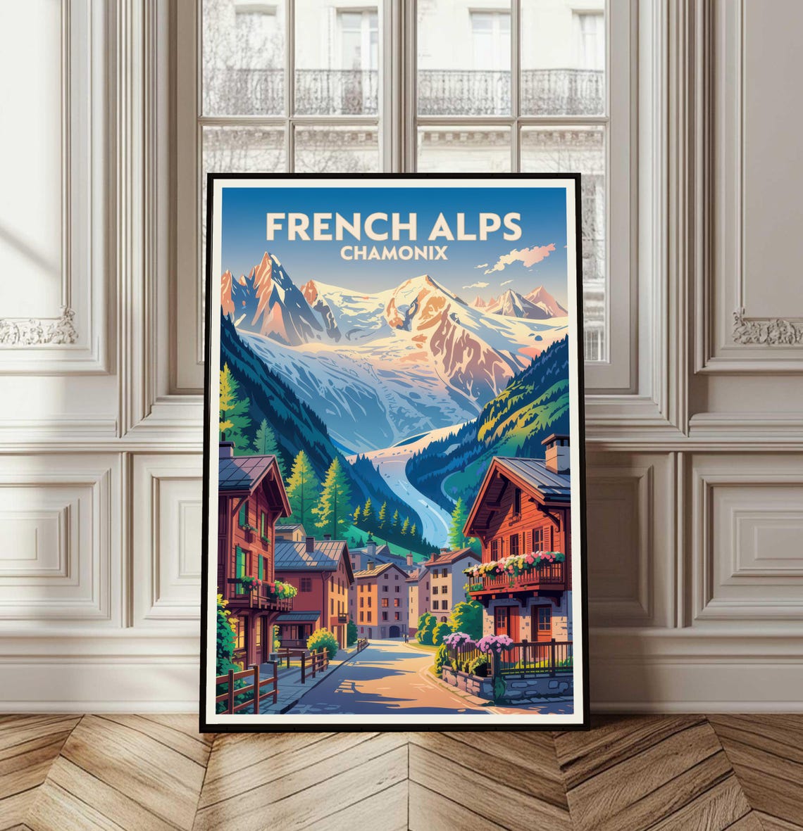 French Alps Chamonix Alpine Village Beneath Snowy Peaks Travel Poster