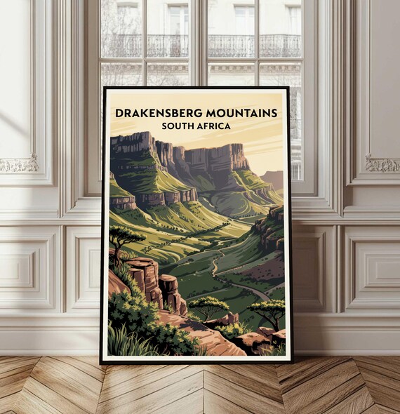 Drakensberg Mountains South Africa Retro Travel Scenic Poster