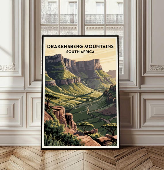 Drakensberg Mountains Travel Poster South Africa Wall Art Print Mountain