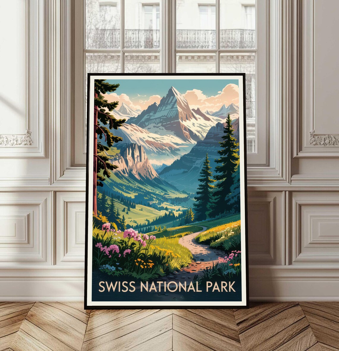 Swiss National Park Alpine Valley Wildflowers Vintage Travel Poster