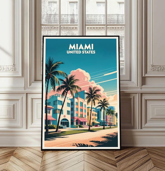 Miami Florida Art Deco Palm Beach Travel Poster Vintage Style
