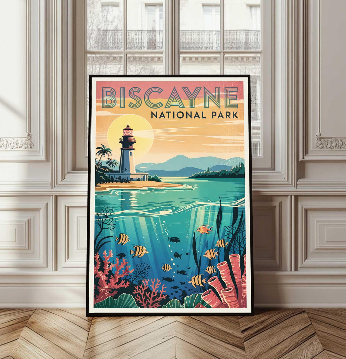 Biscayne National Park Vintage Travel Lighthouse Coral Reef Poster