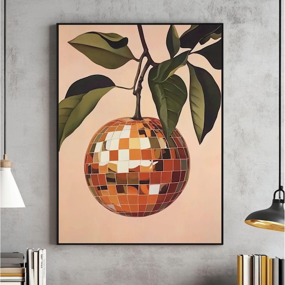 Retro Disco Ball Orange Fruit on Branch Surreal Pop Art Poster