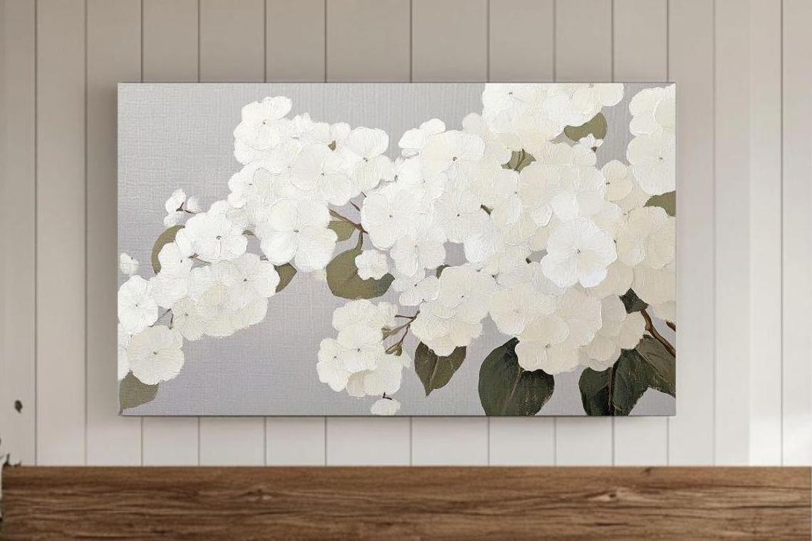 Airy White Hydrangea Branch Gray Canvas Delicate Flower Poster