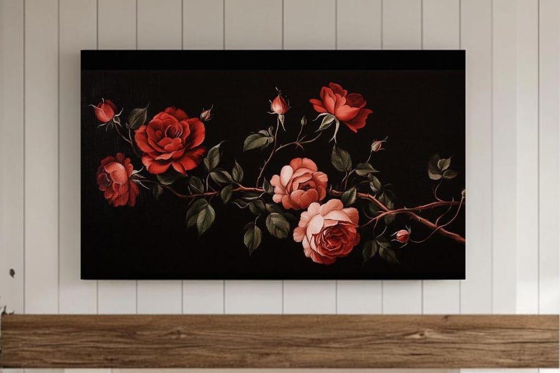 Red and Pink Roses Thorny Branch Dark Moody Botanical Poster