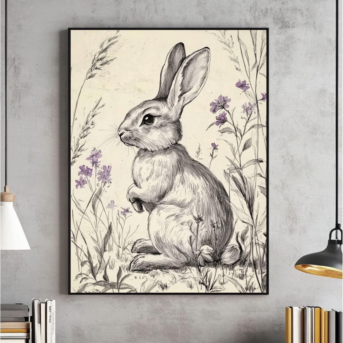 Vintage Pencil Sketch Bunny Among Wildflowers Farmhouse Poster