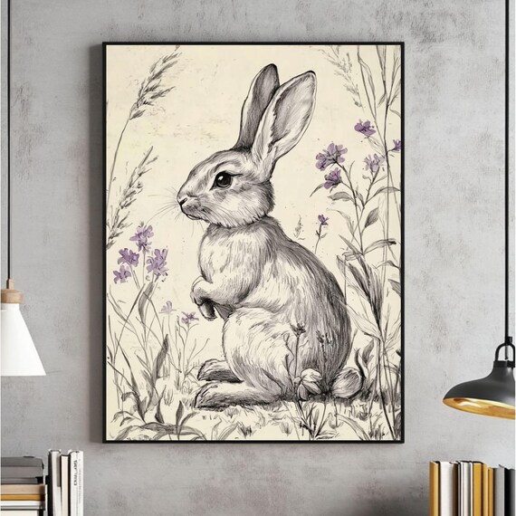 Vintage Pencil Sketch Bunny Among Wildflowers Farmhouse Poster