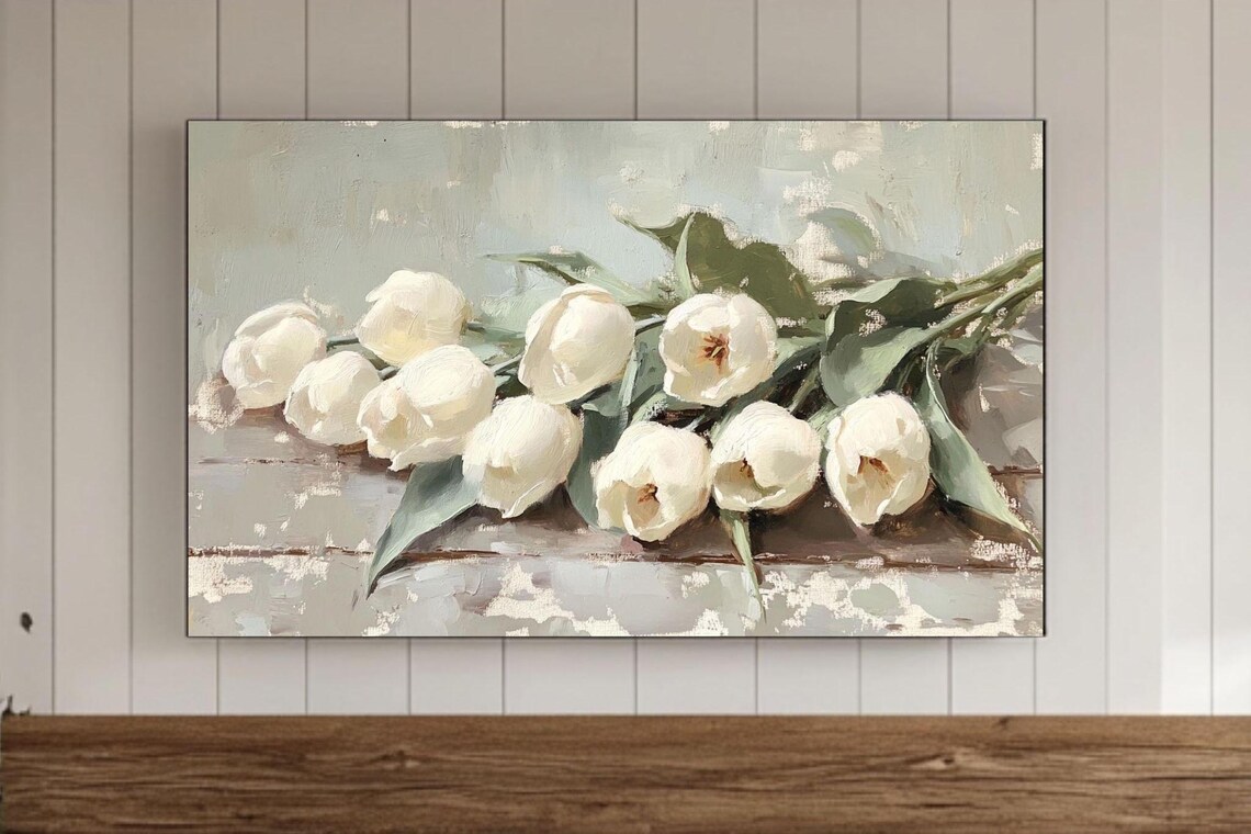 Gentle White Tulips Laid on Table Soft Spring Floral Art Poster