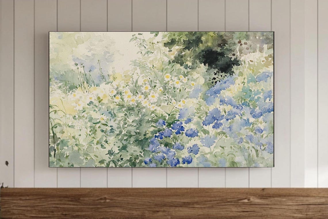 Blue Cornflower Daisy Meadow Soft Watercolor Painting Poster