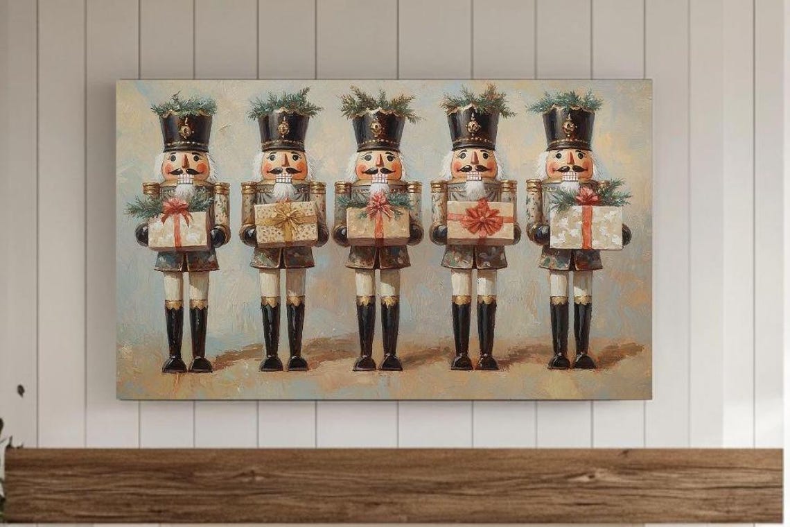 Rustic Dark Nutcracker Soldiers Holding Gifts Vintage Style Poster