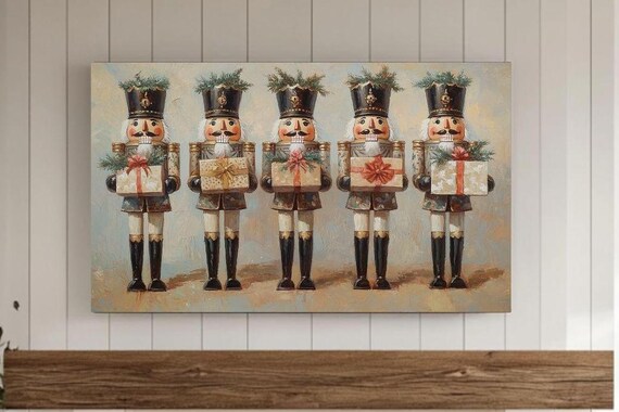 Rustic Dark Nutcracker Soldiers Holding Gifts Vintage Style Poster
