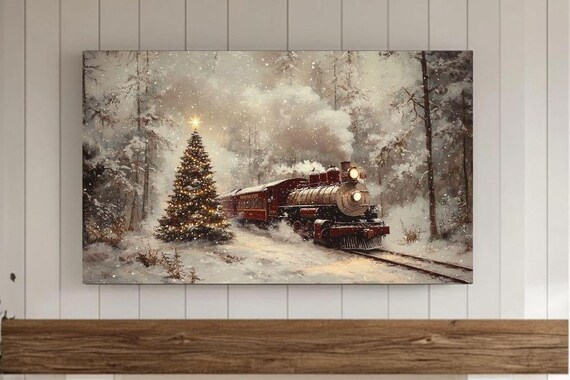 Vintage Christmas Train Snowy Forest Holiday Painting Poster