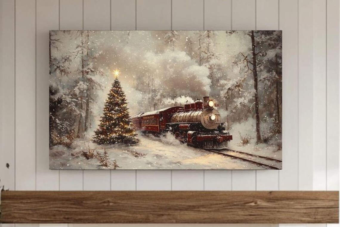 Vintage Christmas Train Snowy Forest Holiday Painting Poster